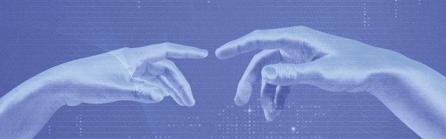 AI digital transformation background in blue with robotic hands Two hands touching each other in representation of the digital twin technology